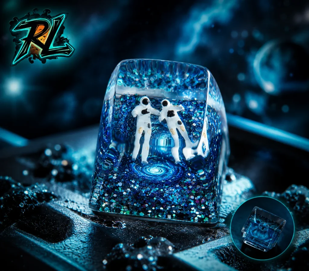 Custom Resin Keycaps: The Secret To Upgrading Your Board 2 Custom blue resin keycap featuring an astronaut floating in a galaxy-themed cosmos