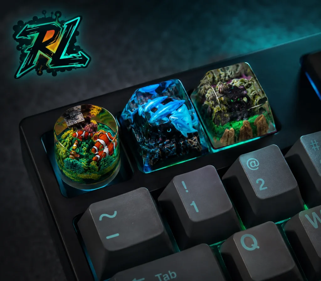 Custom Resin Keycaps: The Secret To Upgrading Your Board 3 Close-up of various custom resin keycaps installed on a mechanical keyboard for desk aesthetic