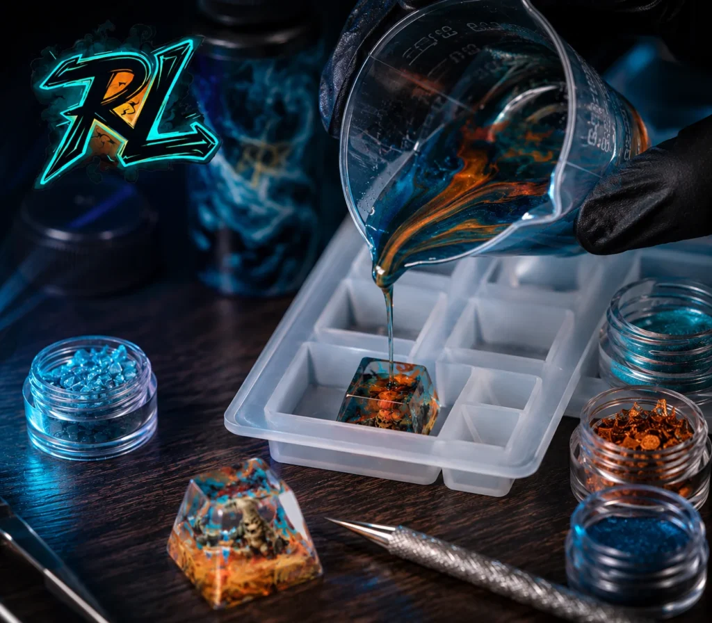 Keycap Mold 3D Print: The Ultimate Step-by-Step Guide 3 Keycap Mold 3D Print: Carefully pouring colored liquid resin into a keycap mold 3D print on a crafting table