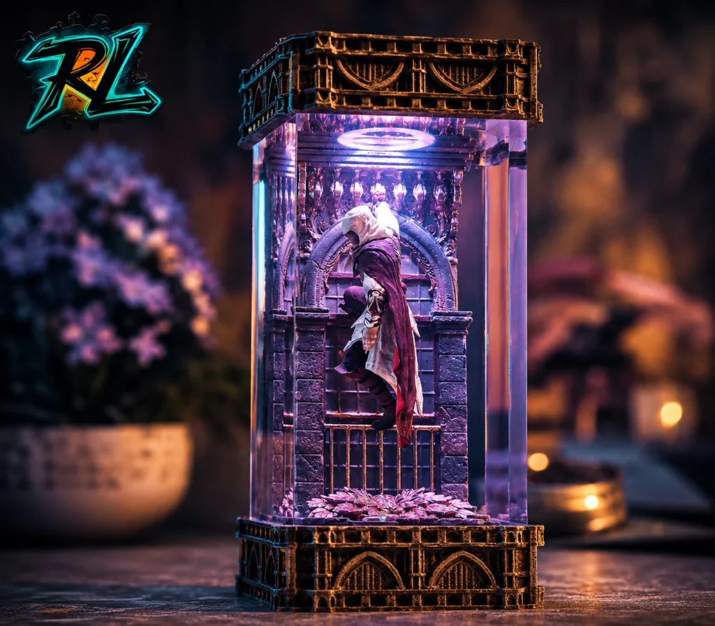 Natural Resins Examples And Uses: Key Facts You Should Know 3 Close-up of a cinematic glowing desktop resin lamp featuring a detailed miniature character and intricate Gothic architecture