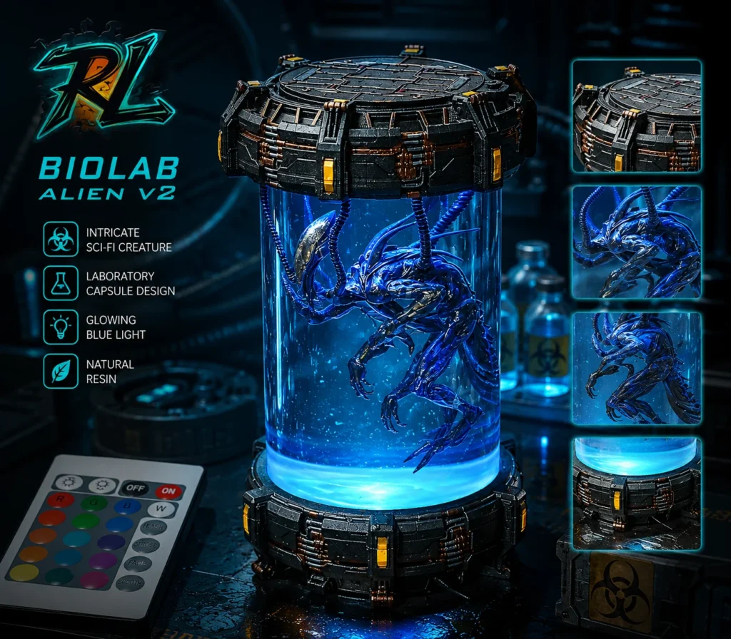 Natural Resins Examples And Uses: Key Facts You Should Know 4 BIOLAB ALIEN V2 resin lamp featuring an intricate sci-fi creature suspended inside a futuristic laboratory capsule with a glowing blue light