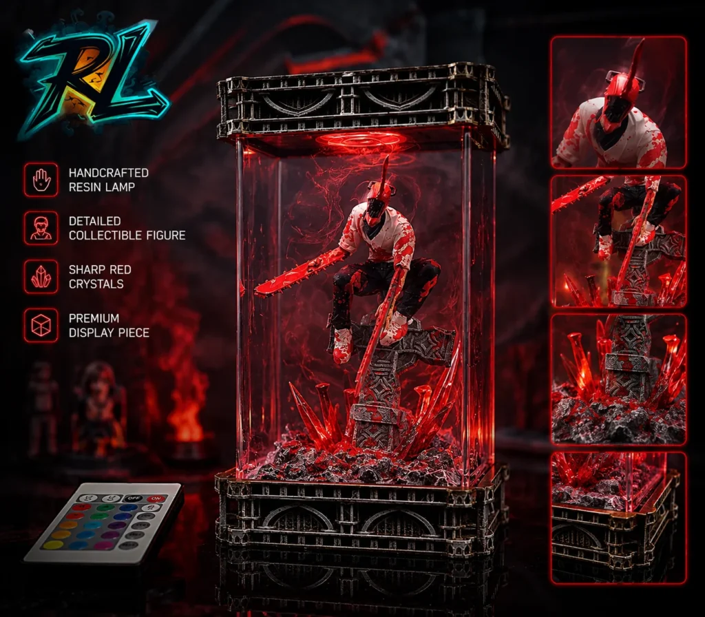 Natural Resins Examples And Uses: Key Facts You Should Know 5 Handcrafted Denji Requiem display lamp featuring a detailed collectible figure embedded in sharp red crystals