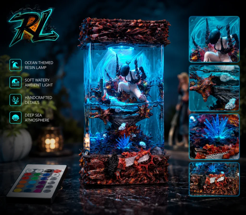 Natural Resins Examples And Uses: Key Facts You Should Know 6 Cinematic ocean themed resin lamp diffusing a soft, watery light that mimics the natural shimmer of the deep sea