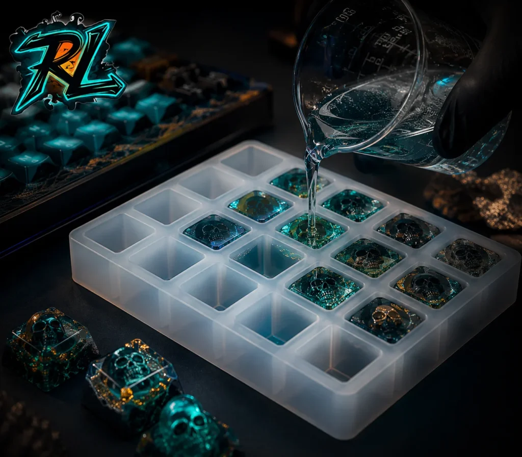 Resin Keycaps Mold: Professional Keyboard Casting Guide 2 Resin Keycaps Mold: Slowly pouring liquid resin into a silicone keycaps mold to prevent air bubbles