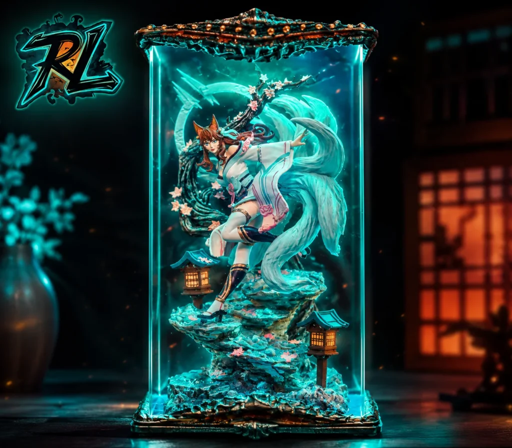Resin Material Is Plastic: Top Premium Decor Lamps To Buy 6 A glowing anime-inspired desktop art piece encasing a nine-tailed fox goddess near traditional Japanese lanterns