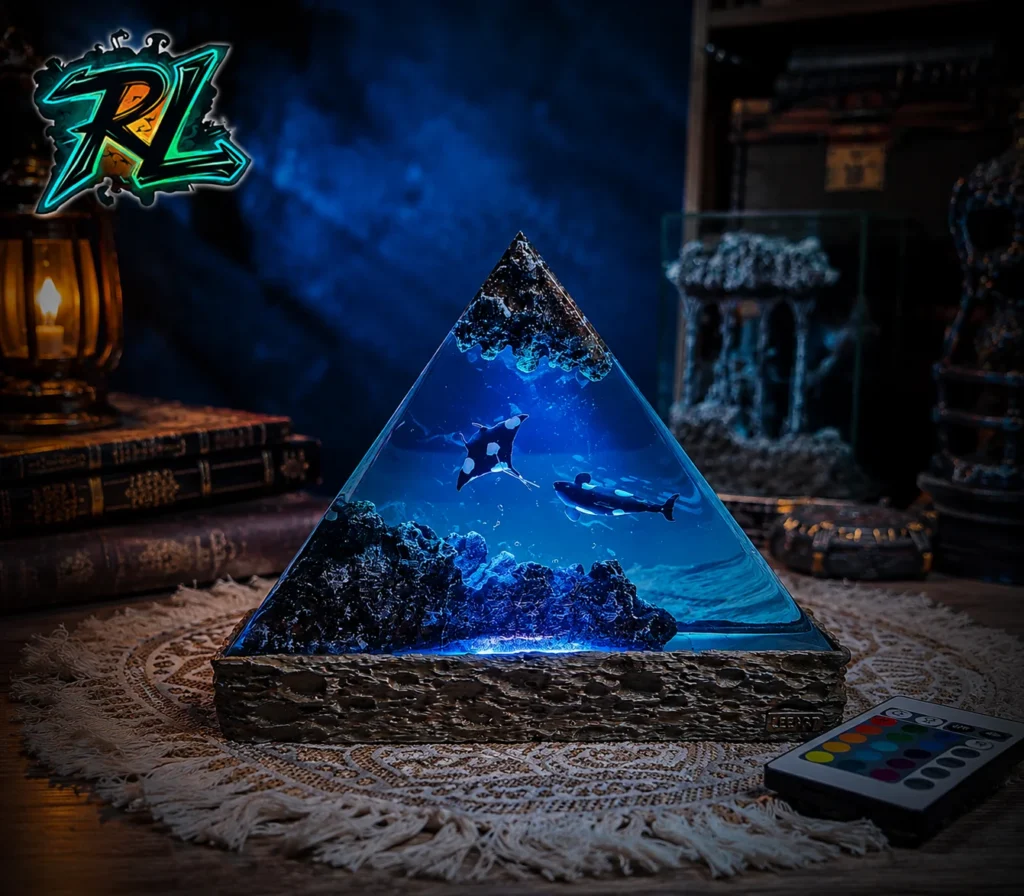Table Lamp Ideas For Bedroom: Top Beautiful Warm Lights 3 A modern triangular prism epoxy resin lamp featuring meticulously detailed models of a massive whale and a manta ray gliding through deep blue underwater depths
