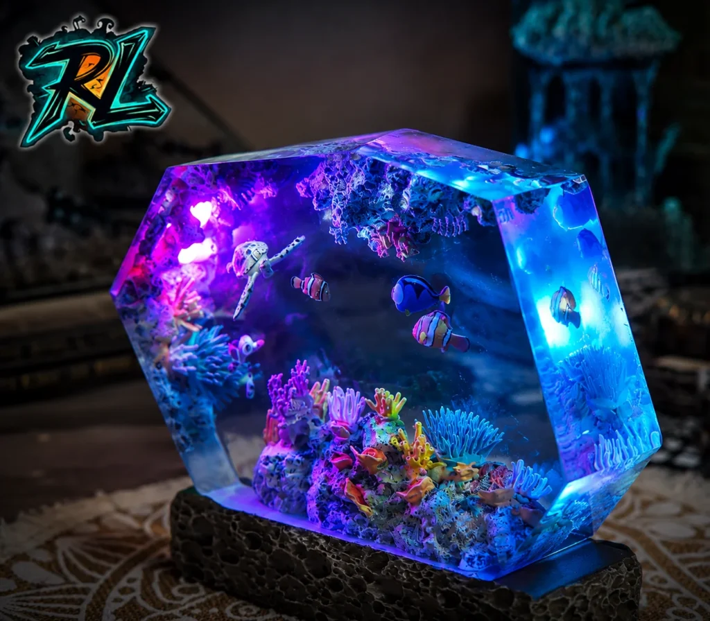 Table Lamp Ideas For Bedroom: Top Beautiful Warm Lights 4 Close-up of a vibrant hexagon resin lamp, capturing multicolored light filtering through clear epoxy to illuminate the fine details of the underwater coral diorama