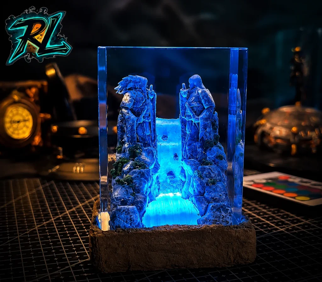 Table Lamp Ideas For Bedroom: Top Beautiful Warm Lights 6 Handcrafted anime epoxy resin lamp depicting Naruto and Sasuke's legendary showdown inside a detailed crystalline monument with a rugged rock base