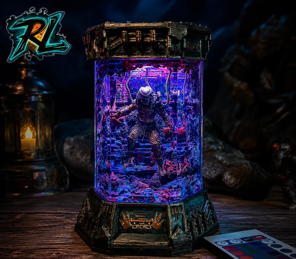 Table Lamp Ideas For Bedroom: Top Beautiful Warm Lights 7 Close-up of a futuristic Predator hexagon resin lamp glowing with RGB light to reveal a detailed Yautja hunter, offering bold table lamp ideas for bedroom styling