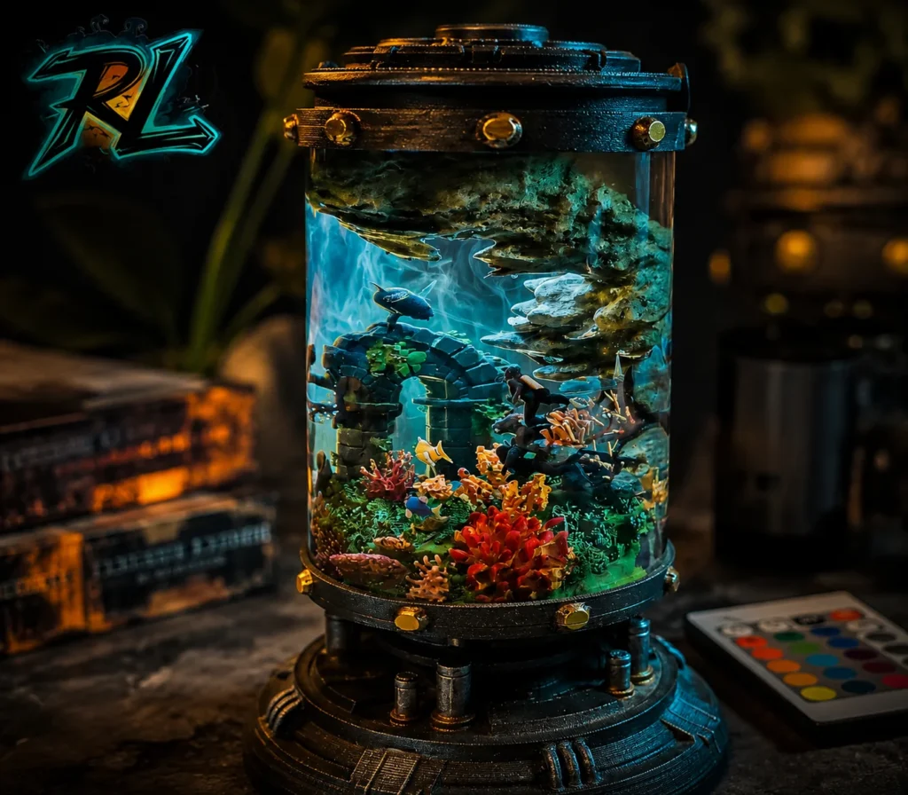 What Is Resin Used For? Discover Top Real-World Applications 2 Close-up of an artisan resin lamp encapsulating a detailed miniature landscape with frozen smoky effects and soft LED lighting