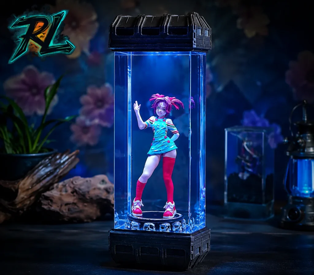What Is Resin Used For? Discover Top Real-World Applications 5 Close-up of a high-tech crystal-clear epoxy resin block acting as a futuristic display case, perfectly preserving the intricate details of a colorful anime figurine with a cool blue glow