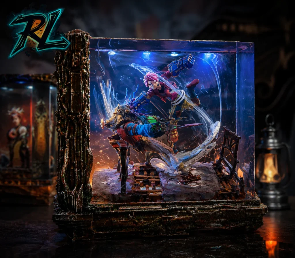 What Is Resin Used For? Discover Top Real-World Applications 7 The Arena of Fury resin lamp features Vi in a dramatic battle scene with her mechanical gauntlet, surrounded by swirling wind effects on a rustic base