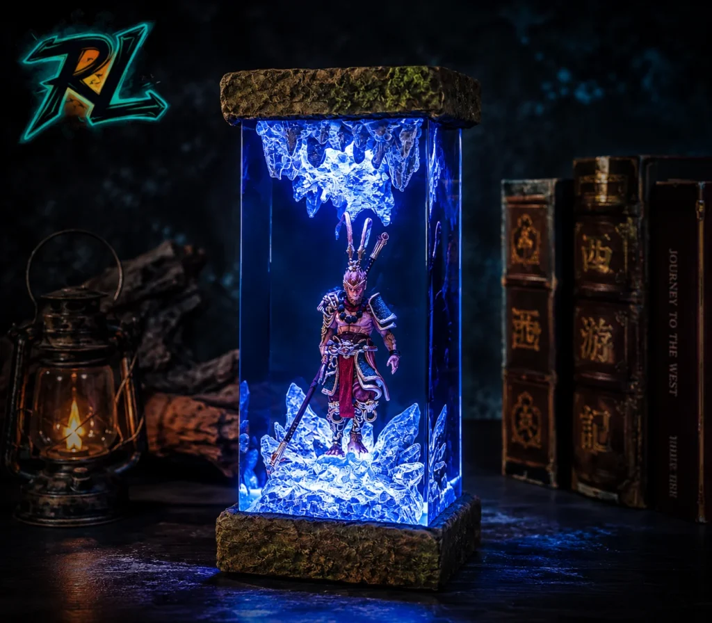 What Is Resin Used For? Discover Top Real-World Applications 8 Unique Wukong V1 resin lamp combining raw, rugged stone textures with smooth blue LED illumination, creating a legendary scene of the monkey king in icy depths