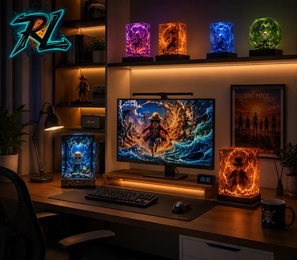 Anime lamp One Piece Elevates Your Otaku Bedroom Setup 4 A professional otaku gaming station enhanced by the beautiful dynamic light of an anime lamp One Piece