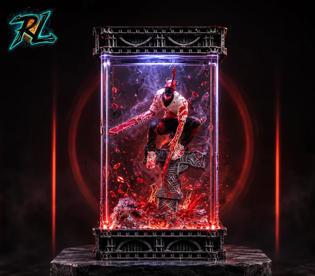 Is Epoxy Resin Harmful To The Environment: The Green Guide 4 A striking Chainsaw Man resin lamp featuring Denji in his blood-drenched form perched atop a stone cross inside a crystalline block