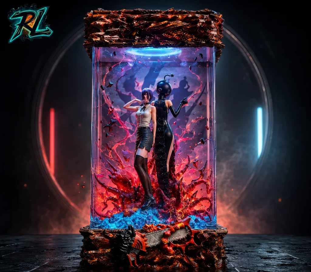 Is Epoxy Resin Harmful To The Environment: The Green Guide 5 A handcrafted Bomb Devil diorama lamp casting dramatic shadows and vibrant light to enhance a cinematic anime scene