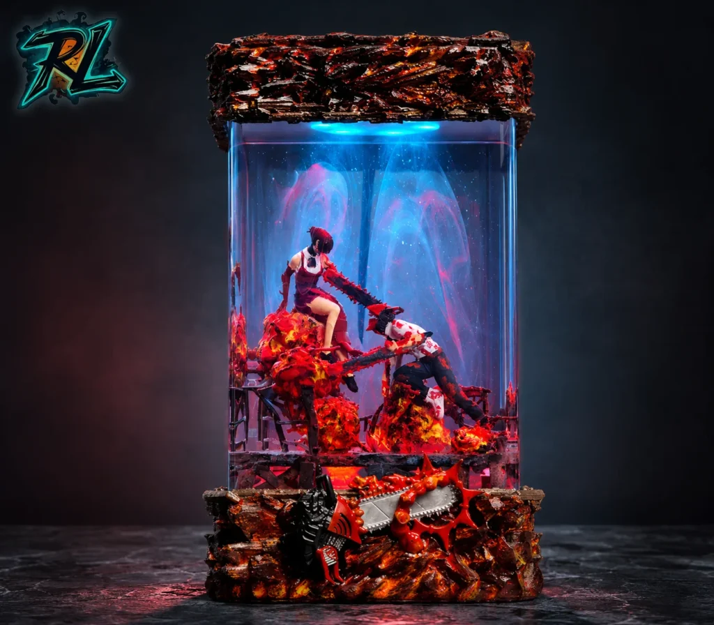 Is Epoxy Resin Harmful To The Environment: The Green Guide 6 A meticulously crafted resin lamp capturing the raw energy of an explosive anime duel, encased within a crystalline block with dramatic fiery effects