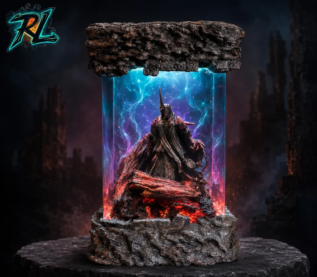 Is Epoxy Resin Harmful To The Environment: The Green Guide 7 A handcrafted epoxy diorama lamp casting a mythical, ethereal glow that illuminates an iconic dark fantasy lord with realistic stone textures