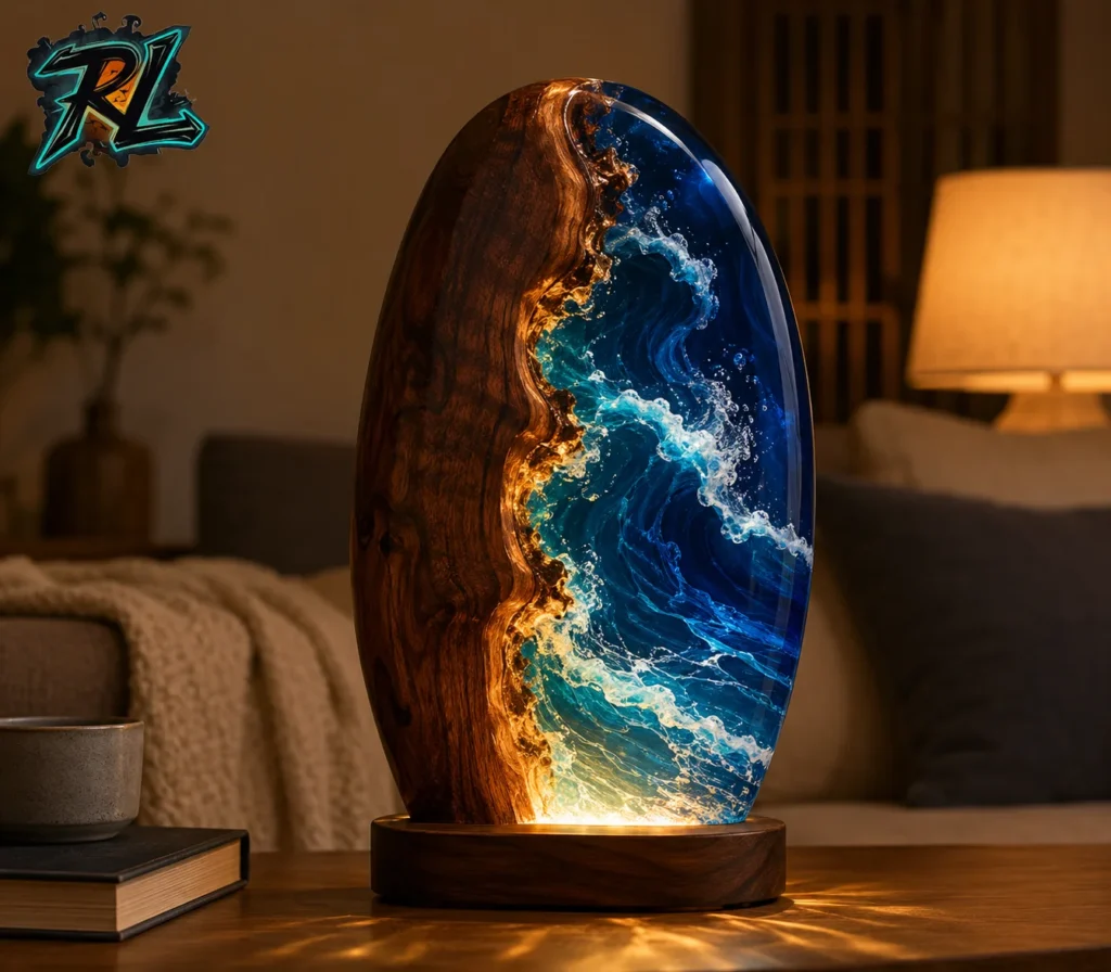 Is Epoxy Resin Toxic To Touch: All Important Safety Facts 2 A beautiful handcrafted epoxy resin wood night lamp glowing with warm light and deep blue ocean waves creating a cozy atmosphere on a table