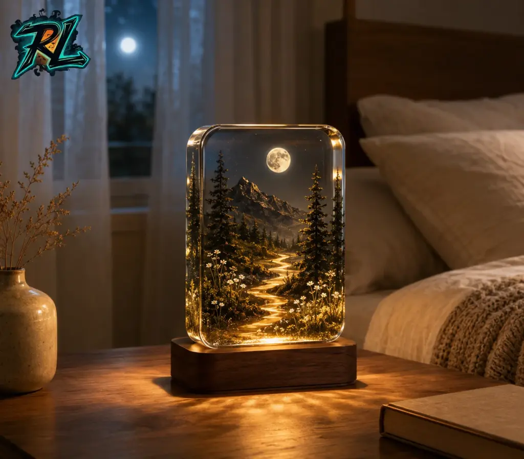 Is Epoxy Resin Toxic When Wet: Premium Standards Revealed 2 A fully cured custom resin lamp emitting a warm glow on a bedroom bedside table