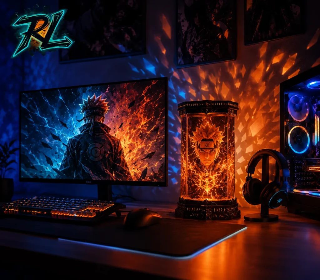 Lamps Anime: Lead the Room Decor Trend with Exclusive Designs 3 A professional gaming desktop setup enhanced by the beautiful shattered light effects of a handcrafted lamps anime