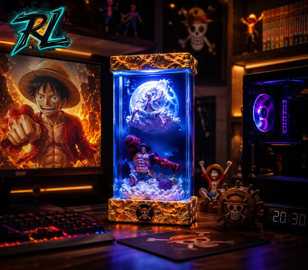 One Piece Lamp Luffy For Anime Fans And Collectors 1 Handcrafted Luffy resin lamp creating a warm anime-inspired atmosphere in a modern gaming room.