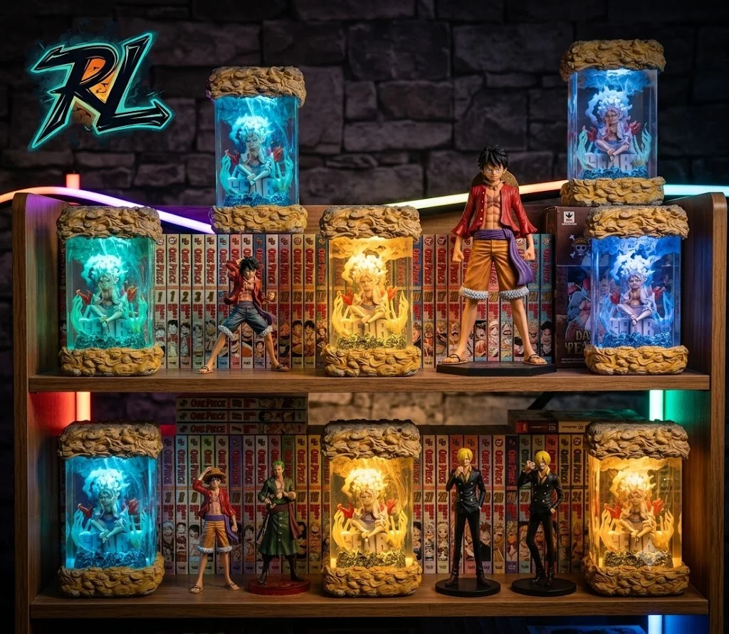 One Piece Lamp Luffy For Anime Fans And Collectors 3 A collector's shelf featuring Luffy-inspired resin lamps, manga volumes, and anime figures