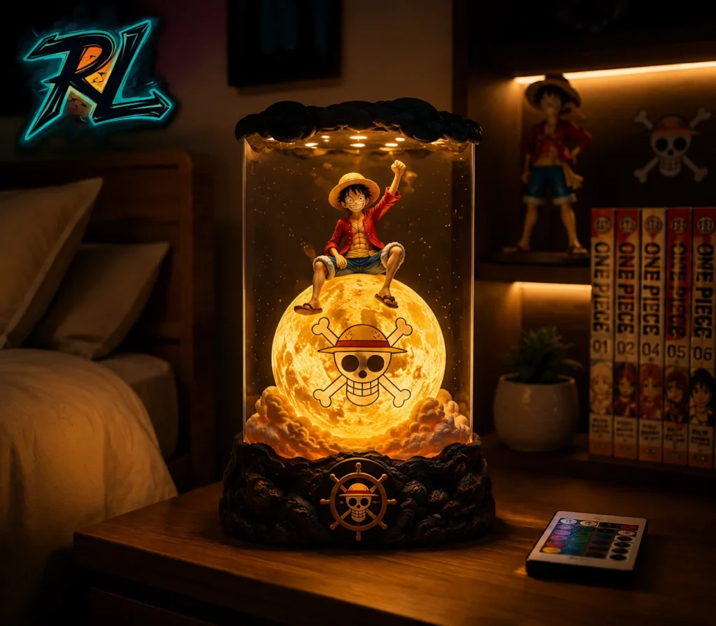 One Piece Lamps Luffy Moon Night Light Decoration Guide 1 Luffy-inspired moon night light creating a warm anime atmosphere in a modern bedroom