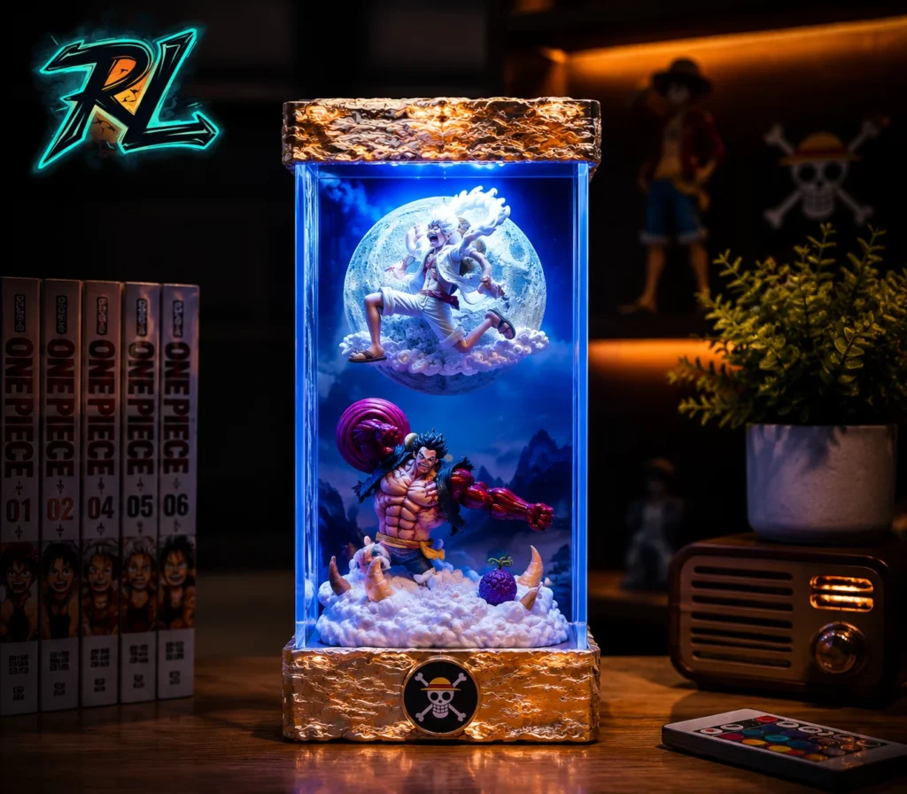 One Piece Lamps Luffy Moon Night Light Decoration Guide 3 Anime-themed gaming desk featuring a glowing Luffy moon night light centerpiece