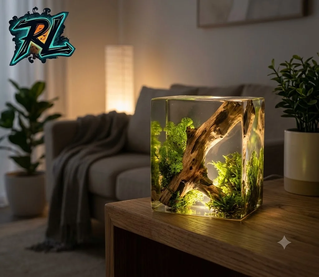 Resins in Plants: Illuminating Your Space with 3D Art 1 A unique handcrafted resin nightlight containing encapsulated organic driftwood and green moss, casting a peaceful glow in a modern living space