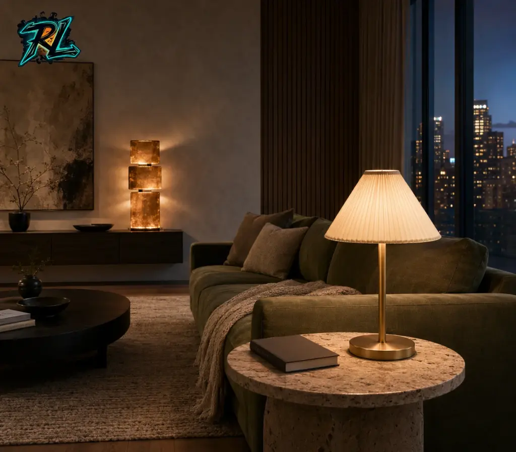 Table Lamp Design Ideas For Beautiful, Layered Interiors 1 A layered living room with one softly diffused table lamp beside a sofa and a sculptural accent lamp on a distant console.
