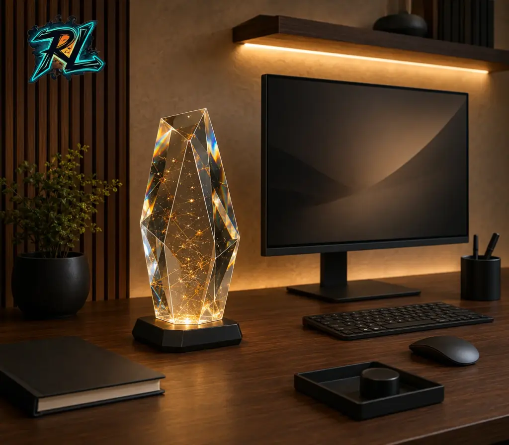 Table Lamp Design Ideas For Beautiful, Layered Interiors 2 A modern desk styled with a crystal-clear geometric resin lamp, matte-black accessories, and warm indirect lighting
