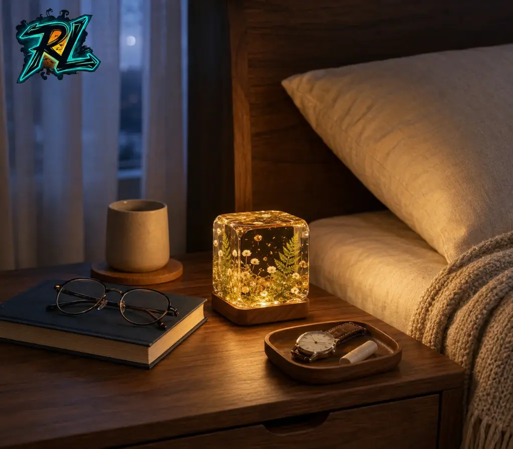Table Lamp Design Ideas For Beautiful, Layered Interiors 3 A warm bedroom vignette with a compact resin nightlight, a book, and uncluttered bedside essentials arranged within easy reach.