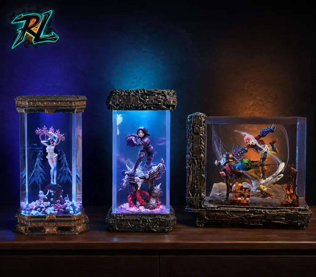 Table Lamp Design Ideas For Beautiful, Layered Interiors 4 Albedo, ALITA, and VI DIORAMA resin lamps displayed as three distinct styling directions—dark fantasy, futuristic, and cinematic.