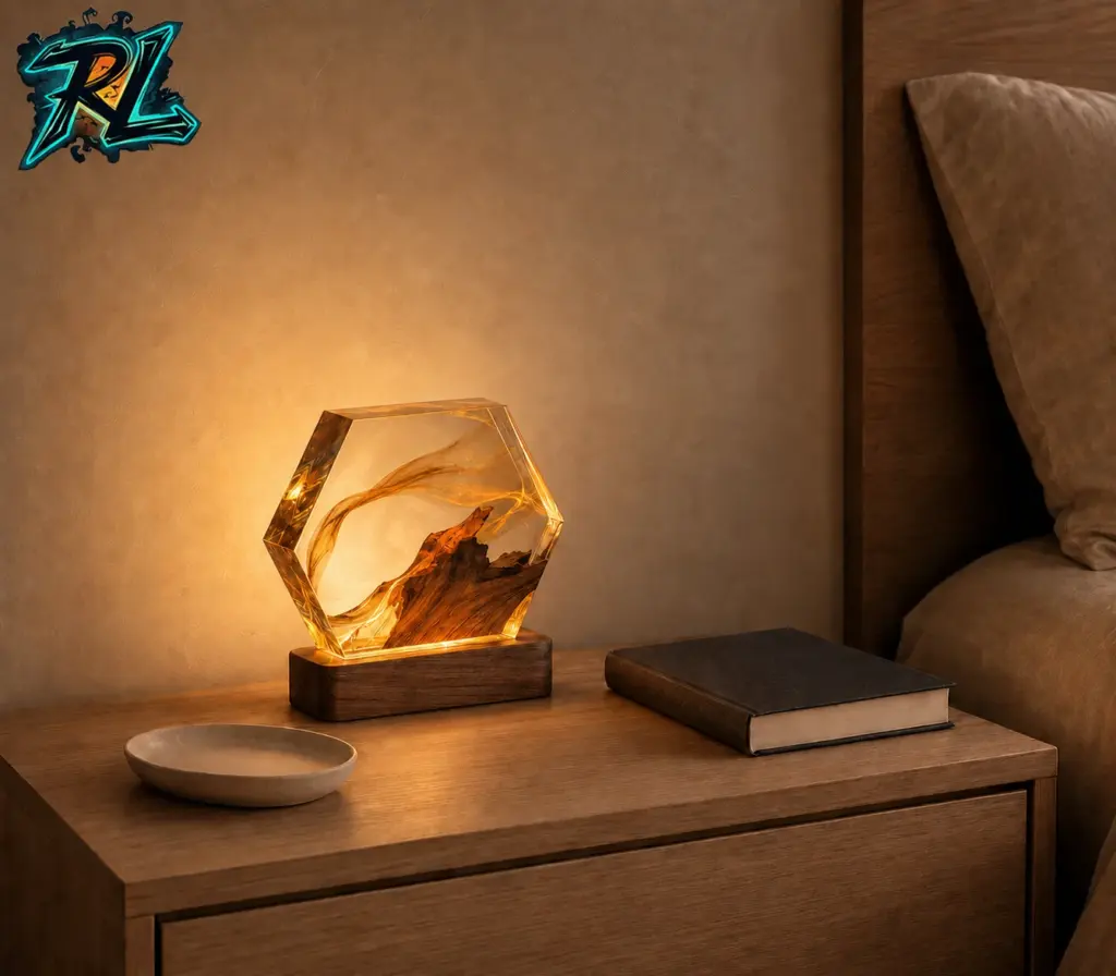 Table Lamp Design Ideas Simple For A Calm, Stylish Home 1 A compact bedside table with a warm lamp, one book, and a small tray arranged with generous negative space.