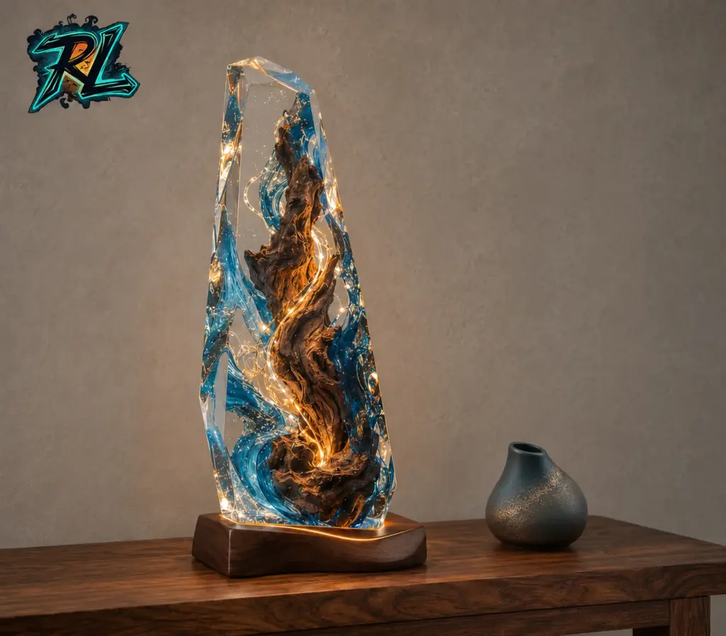 Table Lamp Design Ideas Simple For A Calm, Stylish Home 2 A clear resin lamp on a natural wood console, paired with one ceramic vase and a softly textured wall