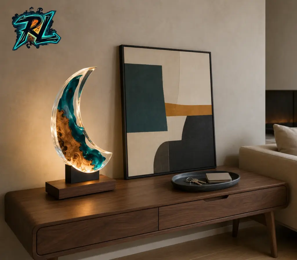 Table Lamp Design Ideas Simple For A Calm, Stylish Home 3 A neat living-room console with one statement lamp, framed artwork, and a low catchall tray