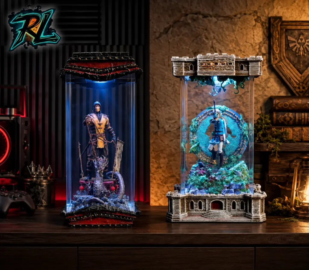 Table Lamp Design Ideas Simple For A Calm, Stylish Home 4 Scorpion Mortal Kombat and LINK V1 resin lamps styled separately with dark gaming and warm fantasy-inspired palettes