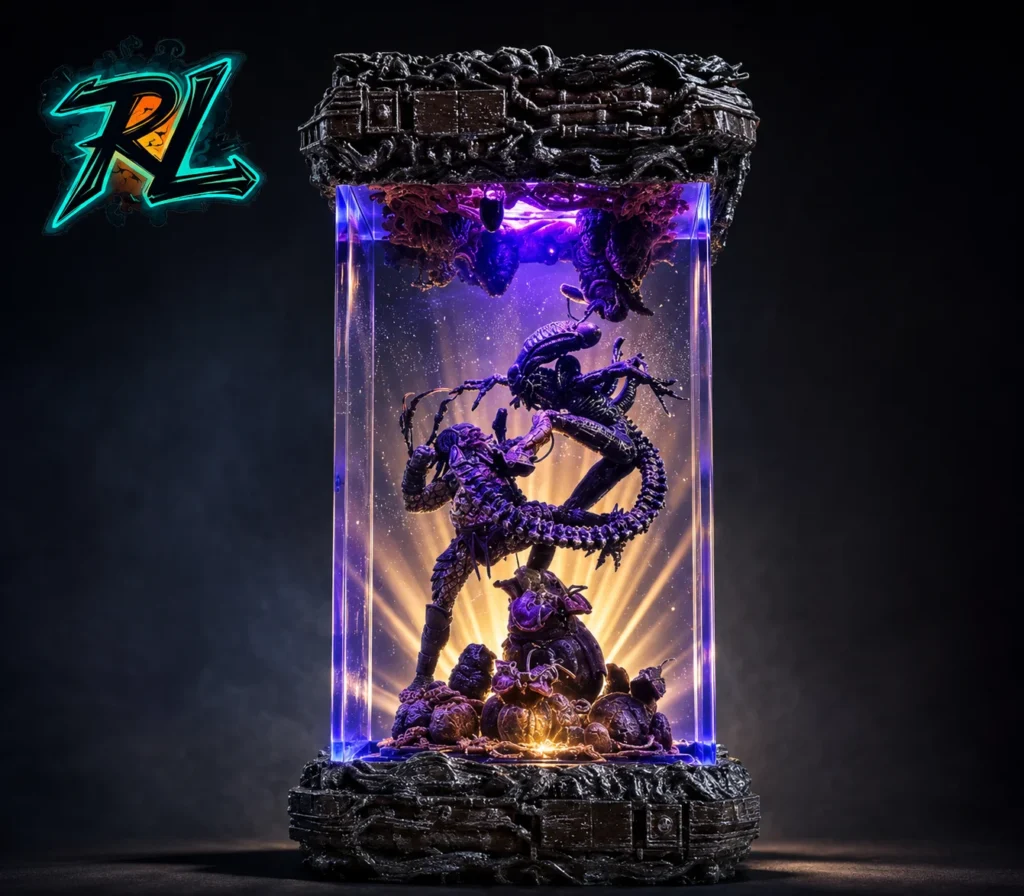 What Is Resin In Chemistry From Polymers To Lamp Art 3 Meticulously detailed 3D diorama of Predator and Xenomorph encased in a premium resin prism, illuminated by a high-contrast Sun-ray effect from the LED base