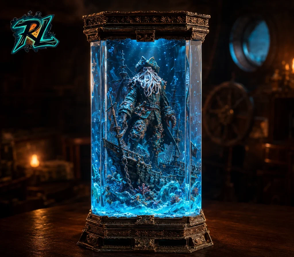 What Is Resin In Chemistry From Polymers To Lamp Art 5 Pirates of the Caribbean inspired Flying Dutchman captain figure standing above a sunken ship, encased in a premium translucent epoxy resin lamp on a table