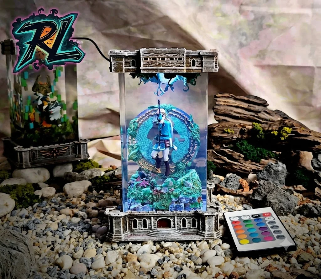 What Is Resin Material? All About Premium Epoxy Lamps 4 Handcrafted 3D night light showing what is resin material with a brave warrior figure holding a sword and shield inside a clear crystal block
