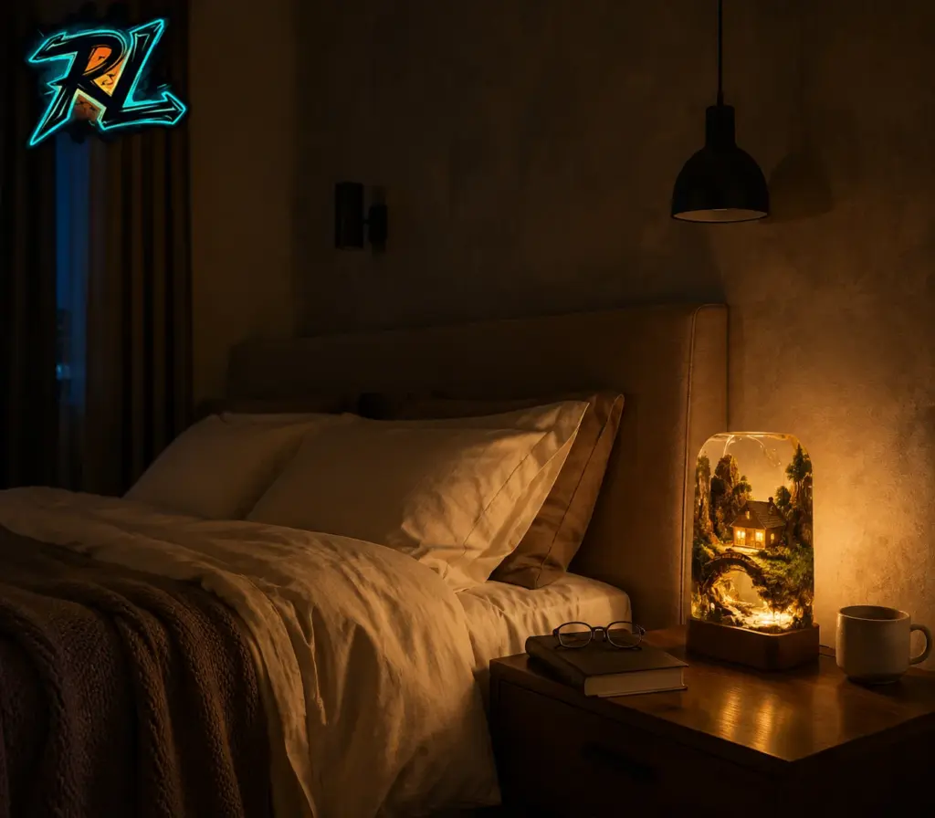 Can Resin Lamps Be Used as Night Lights? Complete Guide 1 A warm resin lamp casts a low, diffused glow beside a bed while the main bedroom lighting remains off