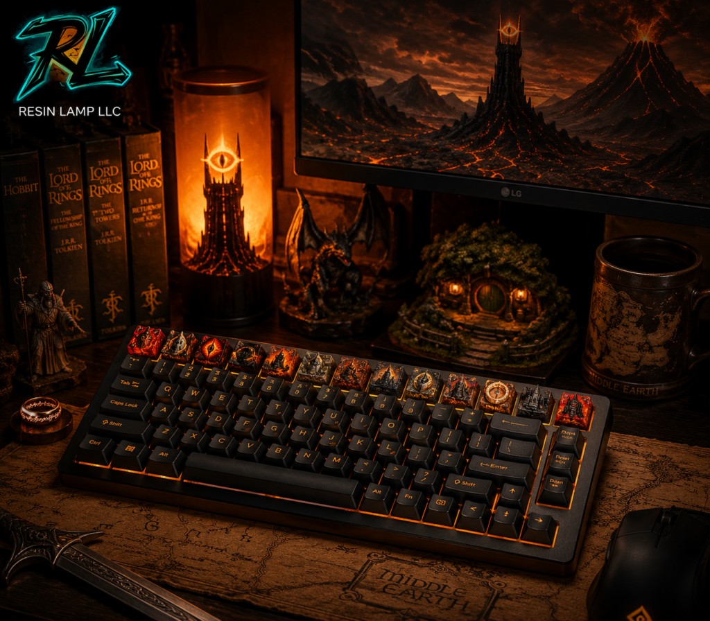 LOTR Keycaps: Bring Middle-earth Magic To Your Keyboard 5 A finished desk setup pairing LOTR keycaps with a warm ambient nightlight for a true Middle-earth atmosphere.