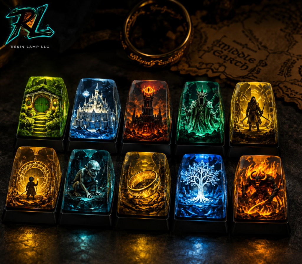 LOTR Keycaps: Bring Middle-earth Magic To Your Keyboard 1 A glowing set of LOTR keycaps arranged side by side, each one lit from within like a miniature nightlight.