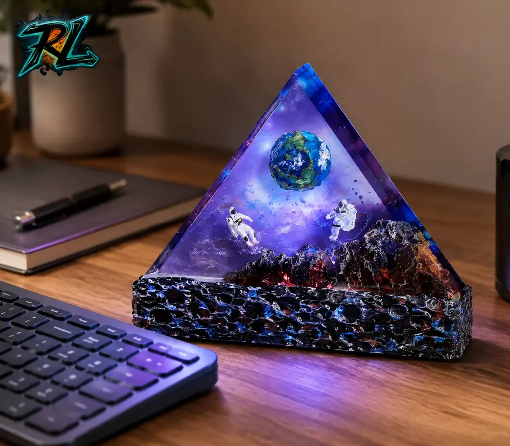 Best Table Lamp for Study: A Practical Buying Guide 2026 2 The Galaxy Earth Triangle Resin Lamp glows softly beside a keyboard, a companion piece to any best table lamp for study pick.