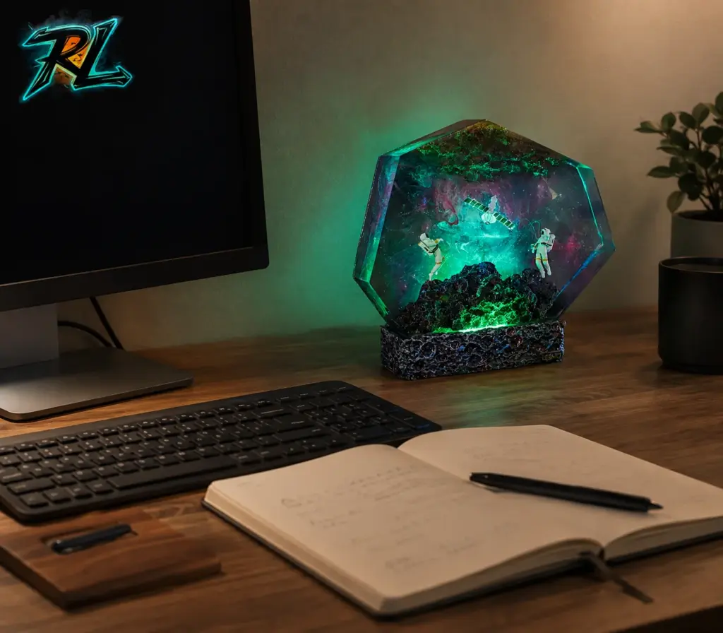Best Table Lamp for Study: A Practical Buying Guide 2026 4 The Galaxy Satellite Resin Lamp sits toward the back of a best table lamp for study setup, softening the room without adding glare.