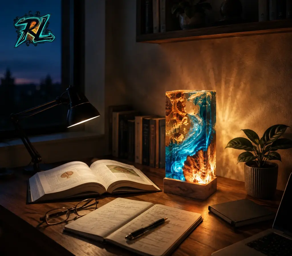 Best Table Lamp for Study: A Practical Buying Guide 2026 5 An evening best table lamp for study setup, with the ambient resin lamp carrying more of the light as the day winds down.
