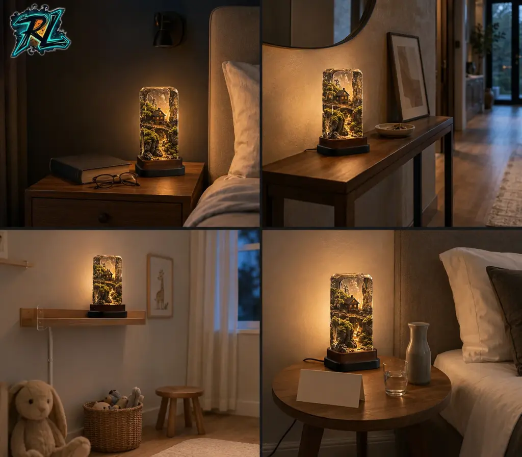 Can Resin Lamps Be Used as Night Lights? Complete Guide 4 Four placements show a resin lamp on a nightstand, hallway console, child-safe shelf, and guest-room table