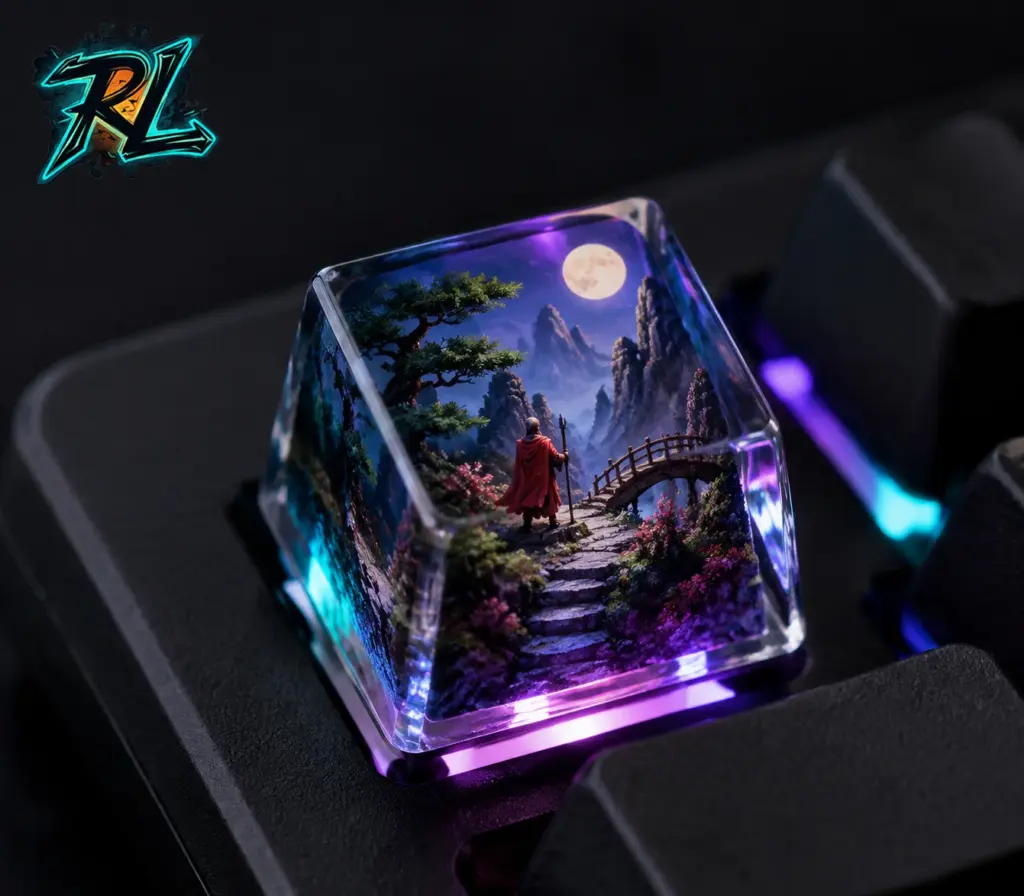Custom Artisan Keycaps: Complete Guide For Keyboard Fans 1 A crystal-clear resin keycap reveals a hand-painted miniature scene under soft RGB backlighting.
