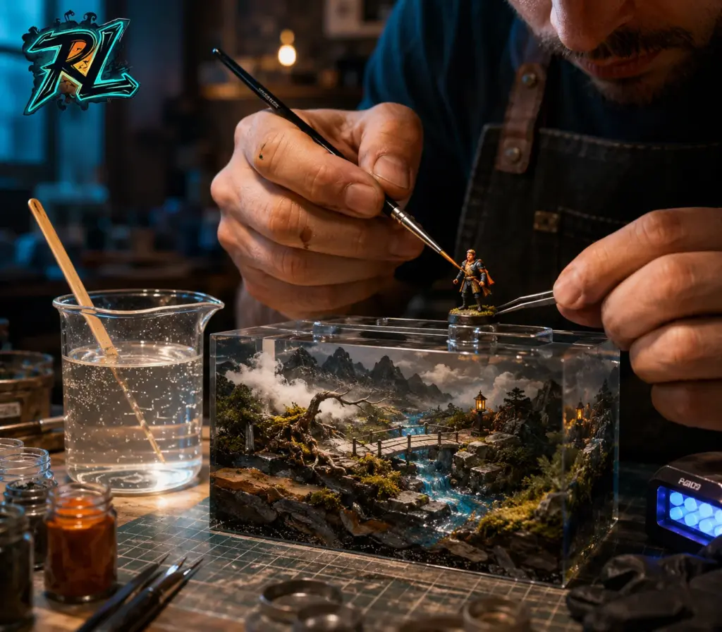 Custom Artisan Keycaps: Complete Guide For Keyboard Fans 3 A craftsperson paints a tiny character before sealing the layered scene inside clear resin.